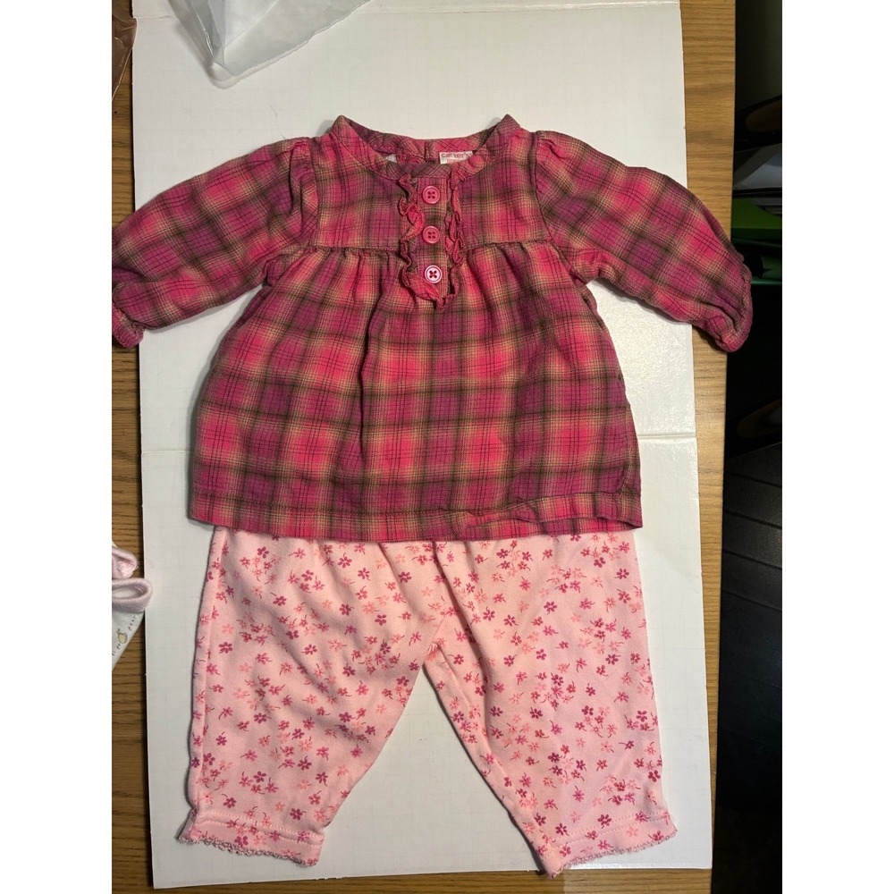 Carters 2000s Baby Girl 3 Months Pink Plaid Tunic and Floral Leggings 2-Pieces